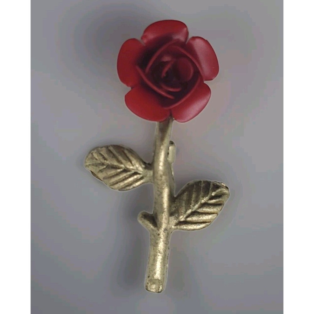 Vintage Brooch Single Red Rose Gold Tone Stem & Leaf  Open Flower Pin